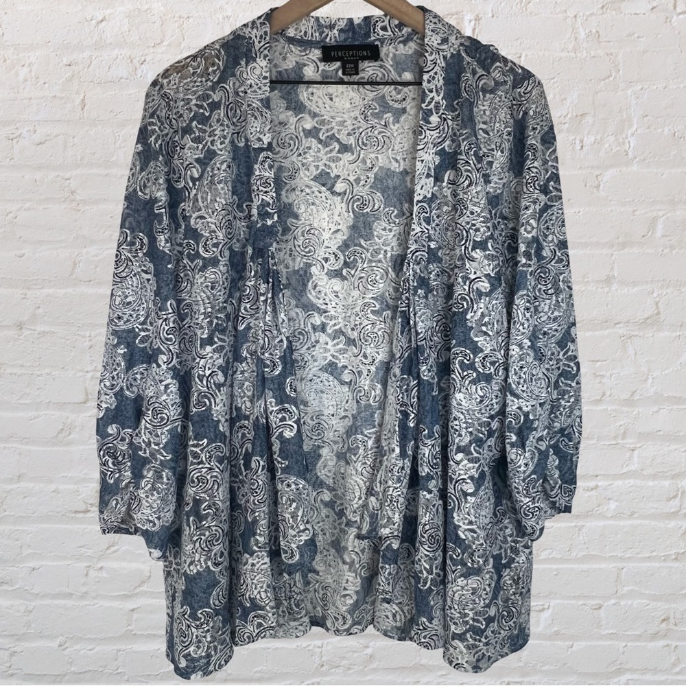 Perception Open-Front Women’s Cardigan 3/4 Sleeve Blue&White Parsley/Floral Desi